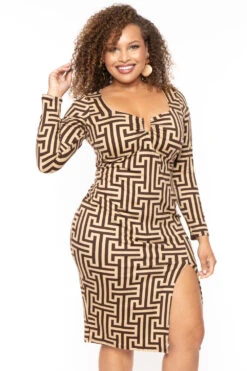 Plus Size Araseli Geometric Midi Dress - Khaki -Kitchensuppliesdeal curvy sense dresses plus size araseli geometric midi dress khaki 30324384792673