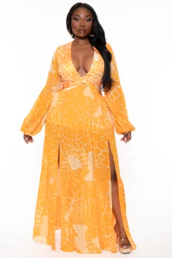 Plus Size Cattline Long Sleeve Maxi Dress - Orange -Kitchensuppliesdeal curvy sense dresses plus size cabo long sleeve maxi dress orange 32212920369249