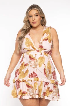 Plus Size Delia Tiered Ruffle Leaf Print Dress- Rose -Kitchensuppliesdeal curvy sense dresses plus size delia tiered ruffle leaf print dress rose 31901258121313