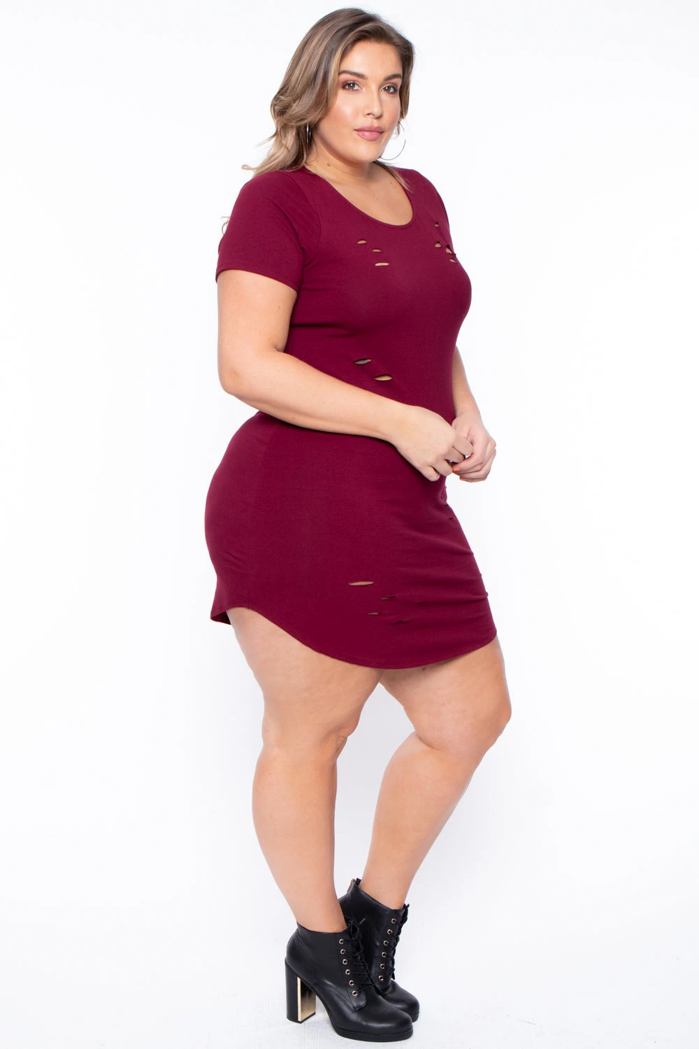 Plus Size Destroyed Tee Dress - Burgundy Plus Size Destroyed Tee Dress - Burgundy -Kitchensuppliesdeal curvy sense dresses plus size destroyed tee dress burgundy 29707586601057