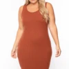 Plus Size Essential Ribbed Midi Dress - Cognac -Kitchensuppliesdeal curvy sense dresses plus size essential ribbed midi dress cognac 29706272637025
