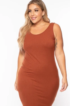Plus Size Essential Ribbed Midi Dress - Cognac -Kitchensuppliesdeal curvy sense dresses plus size essential ribbed midi dress cognac 29706273488993