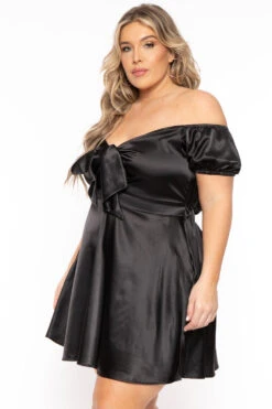 Plus Size Evianna Short Sleeve Satin Dress - Black -Kitchensuppliesdeal curvy sense dresses plus size evianna short sleeve satin dress black 31791958130785