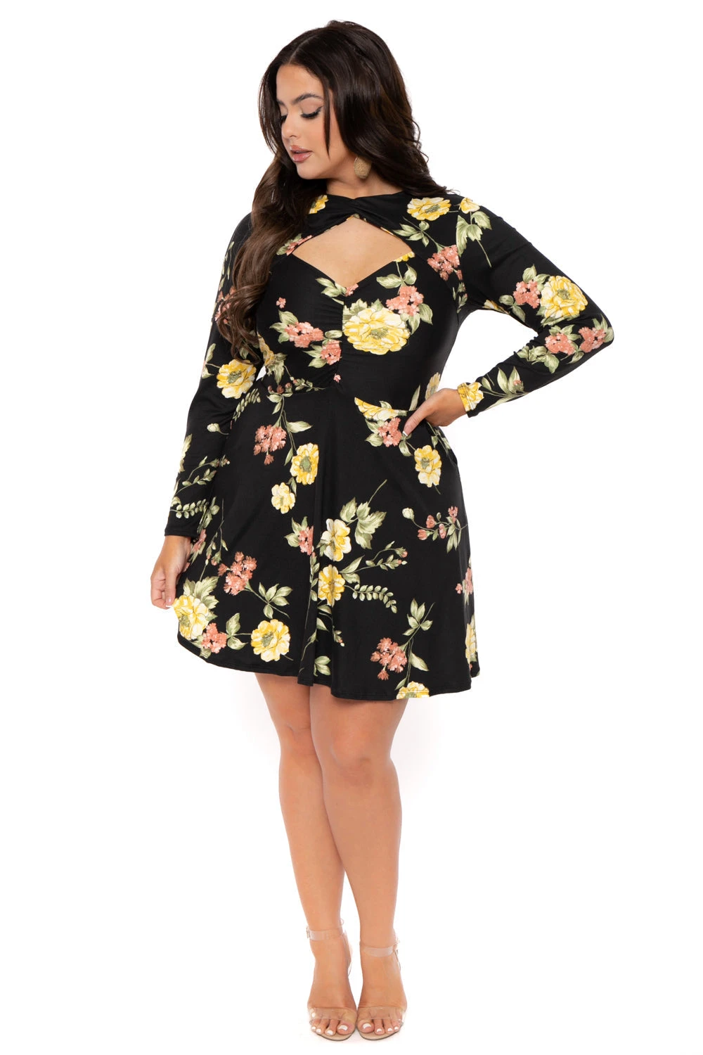 Plus Size Floral Amry Flare Cutout Dress - Black Plus Size Floral Amry Flare Cutout Dress - Black -Kitchensuppliesdeal curvy sense dresses plus size floral amry flare cutout dress black 31542645489761