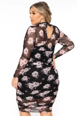 Plus Size Floral Caelan Ruched Bodycon Dress- Black -Kitchensuppliesdeal curvy sense dresses plus size floral caelan ruched bodycon dress black 31041265762401