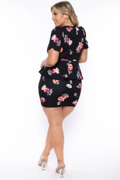 Plus Size Floral Peplum Dress - Black -Kitchensuppliesdeal curvy sense dresses plus size floral peplum dress black 29439507660897