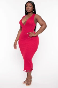 Plus Size Jane Ribbed Midi Dress - Red -Kitchensuppliesdeal curvy sense dresses plus size jane ribbed midi dress red 31903632195681