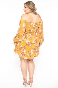 Plus Size Jolene Chiffon Floral Dress - Mustard -Kitchensuppliesdeal curvy sense dresses plus size jolene chiffon floral dress mustard 31383807557729