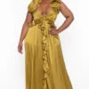 Plus Size Leonora Ruffle Satin Dress - Mustard -Kitchensuppliesdeal curvy sense dresses plus size leonora ruffle satin dress mustard 32066351759457