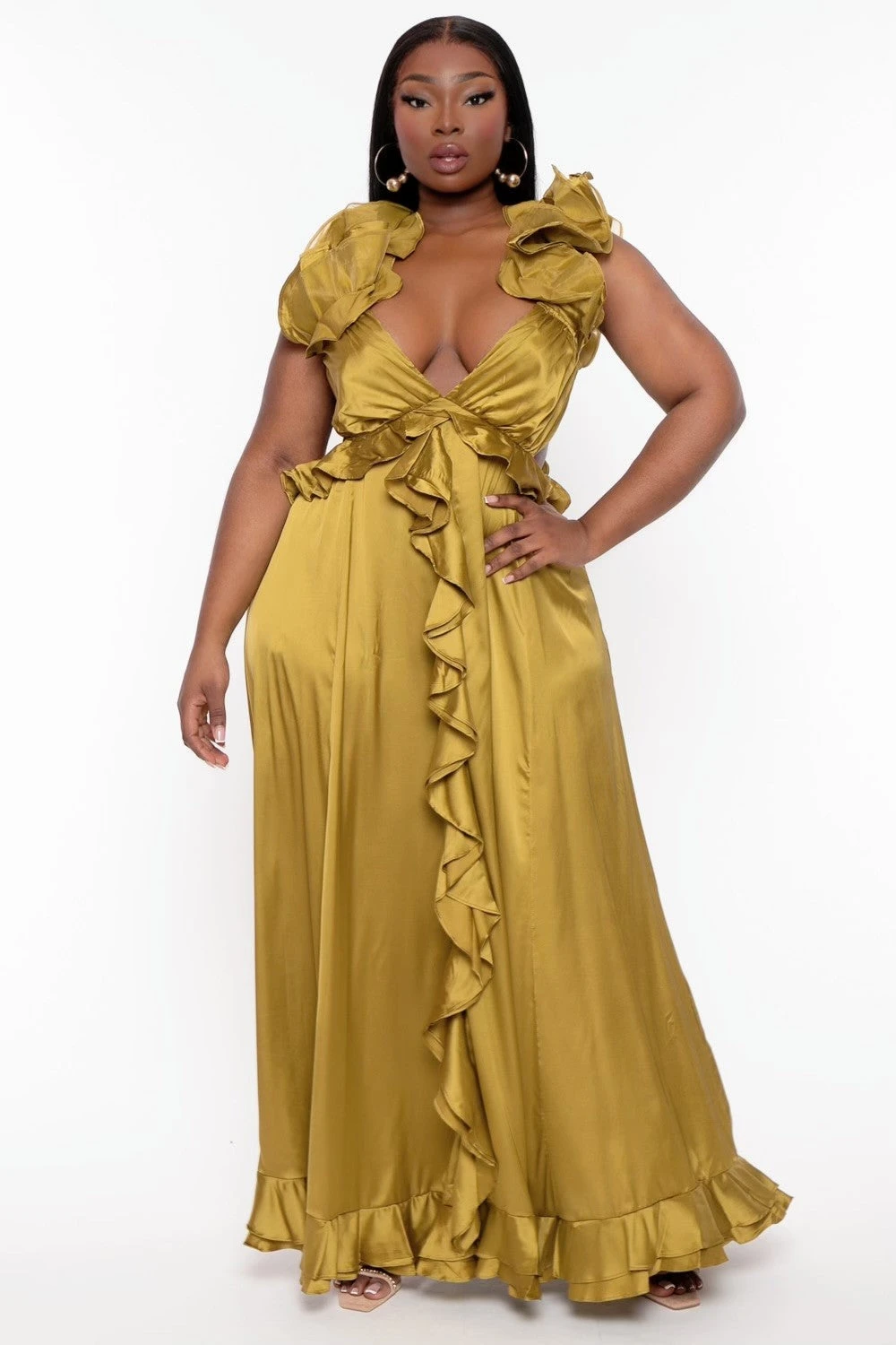 Plus Size Leonora Ruffle Satin Dress - Mustard Plus Size Leonora Ruffle Satin Dress - Mustard -Kitchensuppliesdeal curvy sense dresses plus size leonora ruffle satin dress mustard 32066351759457