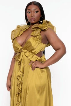 Plus Size Leonora Ruffle Satin Dress - Mustard 4 Plus Size Leonora Ruffle Satin Dress - Mustard -Kitchensuppliesdeal curvy sense dresses plus size leonora ruffle satin dress mustard 32066352283745
