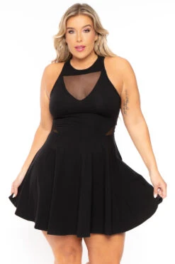 Plus Size Mesh-Inset Flare Dress - Black -Kitchensuppliesdeal curvy sense dresses plus size mesh inset flare dress black 30077773971553
