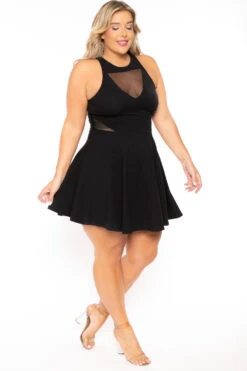 Plus Size Mesh-Inset Flare Dress - Black -Kitchensuppliesdeal curvy sense dresses plus size mesh inset flare dress black 30077774790753