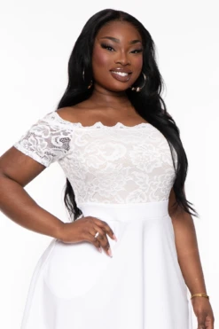 Plus Size Minnie Lace Top Short Sleeve Flare Dress - White -Kitchensuppliesdeal curvy sense dresses plus size minnie lace top short sleeve flare dress white 32335399288929