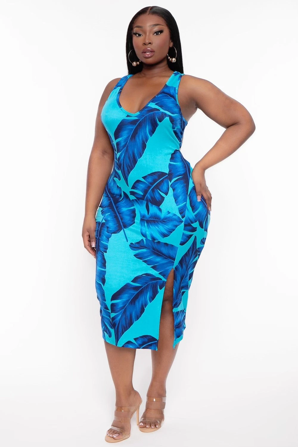 Plus Size Must Have Bodycon Palm Print Dress - Blue Plus Size Must Have Bodycon Palm Print Dress - Blue -Kitchensuppliesdeal curvy sense dresses plus size must have bodycon palm print dress blue 31763836895329