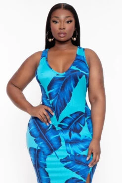 Plus Size Must Have Bodycon Palm Print Dress - Blue 5 Plus Size Must Have Bodycon Palm Print Dress - Blue -Kitchensuppliesdeal curvy sense dresses plus size must have bodycon palm print dress blue 31763837124705