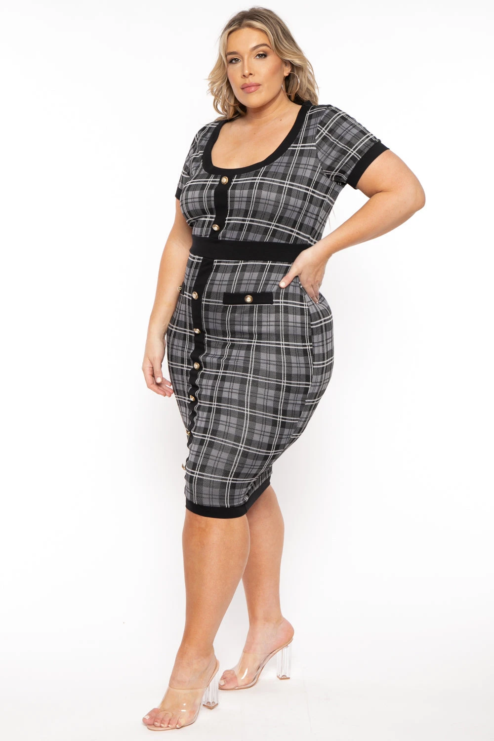 Plus Size Penelope Plaid Midi Dress- Grey Plus Size Penelope Plaid Midi Dress- Grey -Kitchensuppliesdeal curvy sense dresses plus size penelope plaid midi dress grey 31791288713313