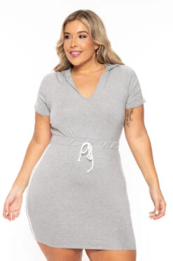 Plus Size Sporty Varsity Stripe Hoodie Dress - Heather Grey -Kitchensuppliesdeal curvy sense dresses plus size sporty varsity stripe hoodie dress heather grey 30119497826401