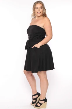 Plus Size Strapless Belted Flare Dress - Black -Kitchensuppliesdeal curvy sense dresses plus size strapless belted flare dress black 29703739408481