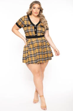 Front Page -Kitchensuppliesdeal curvy sense dresses plus size tai plaid pleated dress yellow 31316042645601
