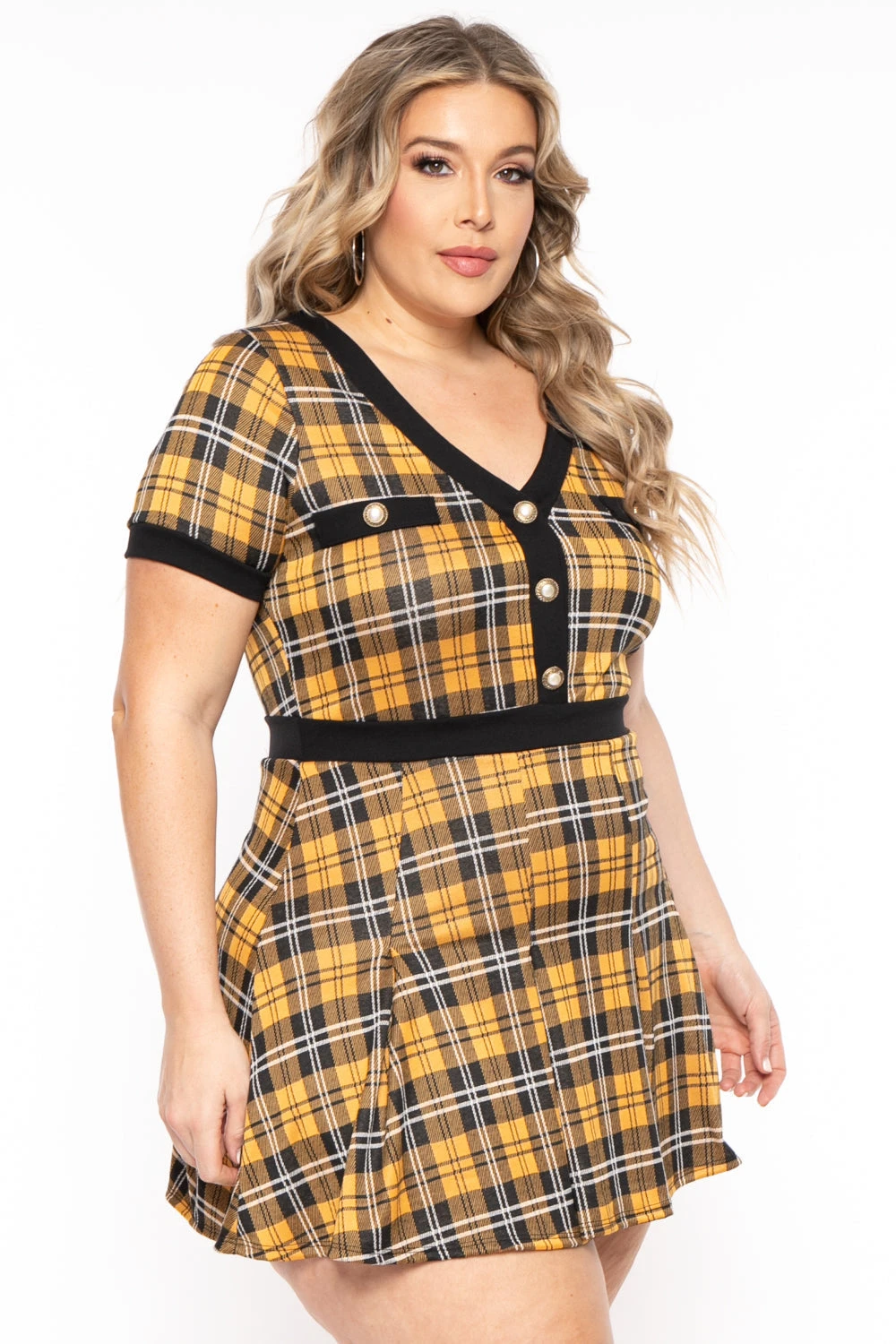 Plus Size Tai Plaid Pleated Dress- Yellow Plus Size Tai Plaid Pleated Dress- Yellow -Kitchensuppliesdeal curvy sense dresses plus size tai plaid pleated dress yellow 31316042973281