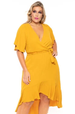 Bluebell Plus Size Tati Surplice Ruffle Dress - Mustard -Kitchensuppliesdeal curvy sense dresses plus size tati surplice ruffle dress mustard 30176497303649