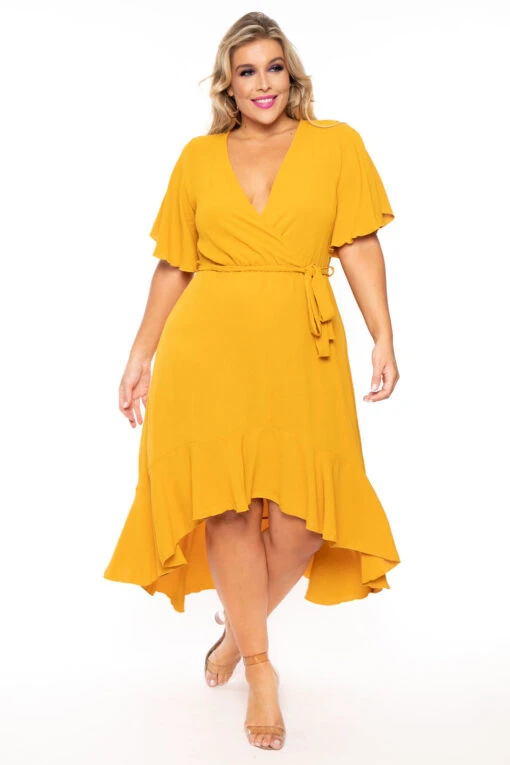 Bluebell Plus Size Tati Surplice Ruffle Dress - Mustard -Kitchensuppliesdeal curvy sense dresses plus size tati surplice ruffle dress mustard 30176497434721