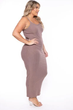 Plus Size Tess Ribbed Maxi Dress - Mocha -Kitchensuppliesdeal curvy sense dresses plus size tess ribbed maxi dress mocha 29448392933473