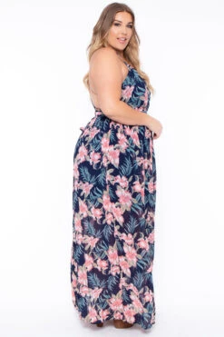 Plus Size Tropical Print Maxi Dress - Navy -Kitchensuppliesdeal curvy sense dresses plus size tropical print maxi dress navy 29257273868385