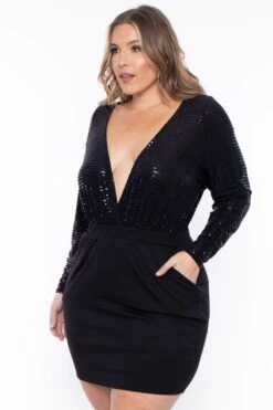 Plus Size Xiomara Plunge Sequins Dress - Black -Kitchensuppliesdeal curvy sense dresses plus size xiomara plunge sequins dress black 29256582037601
