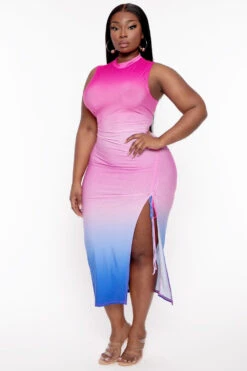 Plus Size Zina Gradient Mock Midi Dress- Pink-Blue -Kitchensuppliesdeal curvy sense dresses plus size zina gradient mock midi dress pink blue 31903518359649