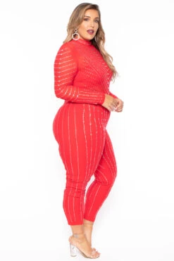 Plus Size 14K Sheer Mesh Rhinestone Jumpsuit - Red -Kitchensuppliesdeal curvy sense jumpsuits and rompers plus size 14k sheer mesh rhinestone jumpsuit red 30021520818273