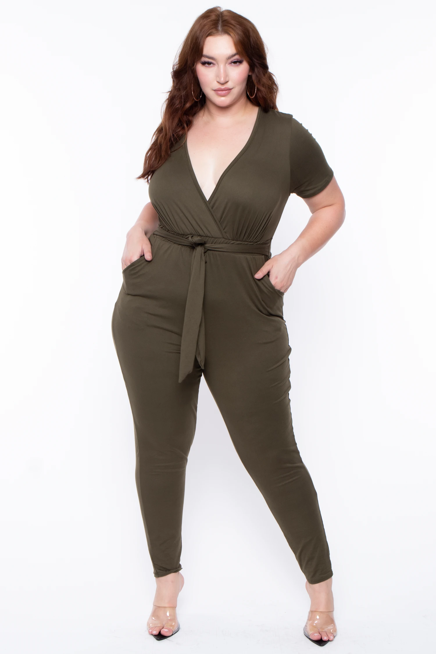 Plus Size Alondra Cross Front Jumpsuit - Olive Plus Size Alondra Cross Front Jumpsuit - Olive -Kitchensuppliesdeal curvy sense jumpsuits and rompers plus size alondra cross front jumpsuit olive 29883593523297