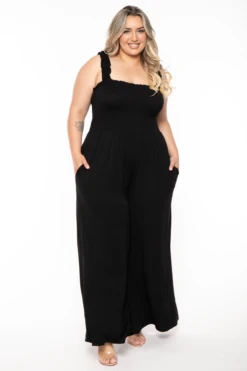 Plus Size Delmi Smocked Jumpsuit - Black -Kitchensuppliesdeal curvy sense jumpsuits and rompers plus size delmi smocked jumpsuit black 32336025288801