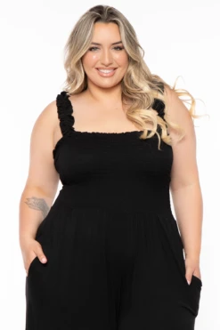 Plus Size Delmi Smocked Jumpsuit - Black -Kitchensuppliesdeal curvy sense jumpsuits and rompers plus size delmi smocked jumpsuit black 32336025354337