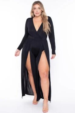 Plus Size Ellia M-Slit Jumpsuit- Black -Kitchensuppliesdeal curvy sense jumpsuits and rompers plus size ellia m slit jumpsuit black 29266585780321