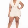 Plus Size Frances Shoulder Shirring Romper - Taupe -Kitchensuppliesdeal curvy sense jumpsuits and rompers plus size frances shoulder shirring romper taupe 32127137775713