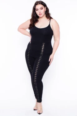 Plus Size Grommet Lace Up Jumpsuit - Black -Kitchensuppliesdeal curvy sense jumpsuits and rompers plus size grommet lace up jumpsuit black 29591704109153