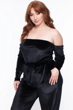Plus Size Isabelle Velour Off The Shoulder Jumpsuit - Black -Kitchensuppliesdeal curvy sense jumpsuits and rompers plus size isabelle velour off the shoulder jumpsuit black 29587685113953