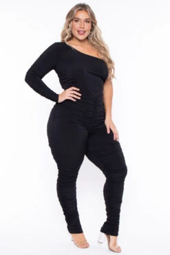 Plus Size Jaelyn Ruched Jumpsuit- Black -Kitchensuppliesdeal curvy sense jumpsuits and rompers plus size jaelyn ruched jumpsuit black 29592296194145