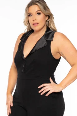 Plus Size Keilani Satin Collar Jumpsuit - Black -Kitchensuppliesdeal curvy sense jumpsuits and rompers plus size keilani satin collar jumpsuit black 30981329584225