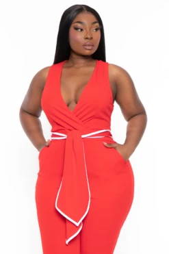 Plus Size Marisa Front Tie Jumpsuit- Red -Kitchensuppliesdeal curvy sense jumpsuits and rompers plus size marisa front tie jumpsuit red 32127074795617