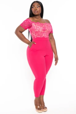 Plus Size Minnie Lace Top Short Sleeve Jumpsuit - Fuchsia -Kitchensuppliesdeal curvy sense jumpsuits and rompers plus size minnie lace top short sleeve jumpsuit fuchsia 32075805032545