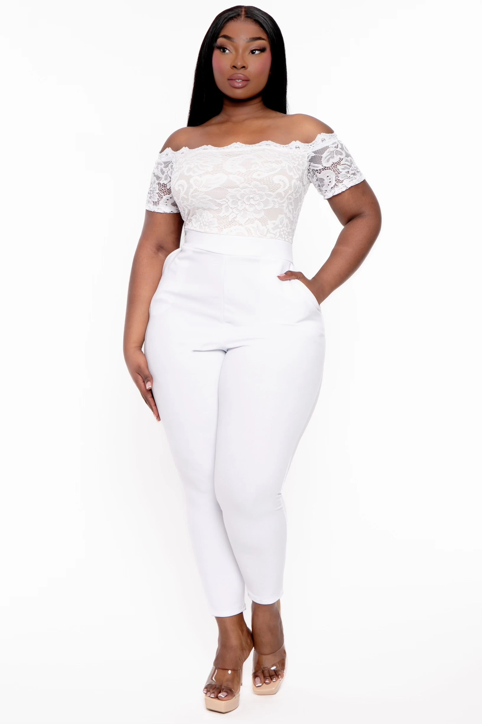 Plus Size Minnie Lace Top Short Sleeve Jumpsuit - White Plus Size Minnie Lace Top Short Sleeve Jumpsuit - White -Kitchensuppliesdeal curvy sense jumpsuits and rompers plus size minnie lace top short sleeve jumpsuit white 31999880036449