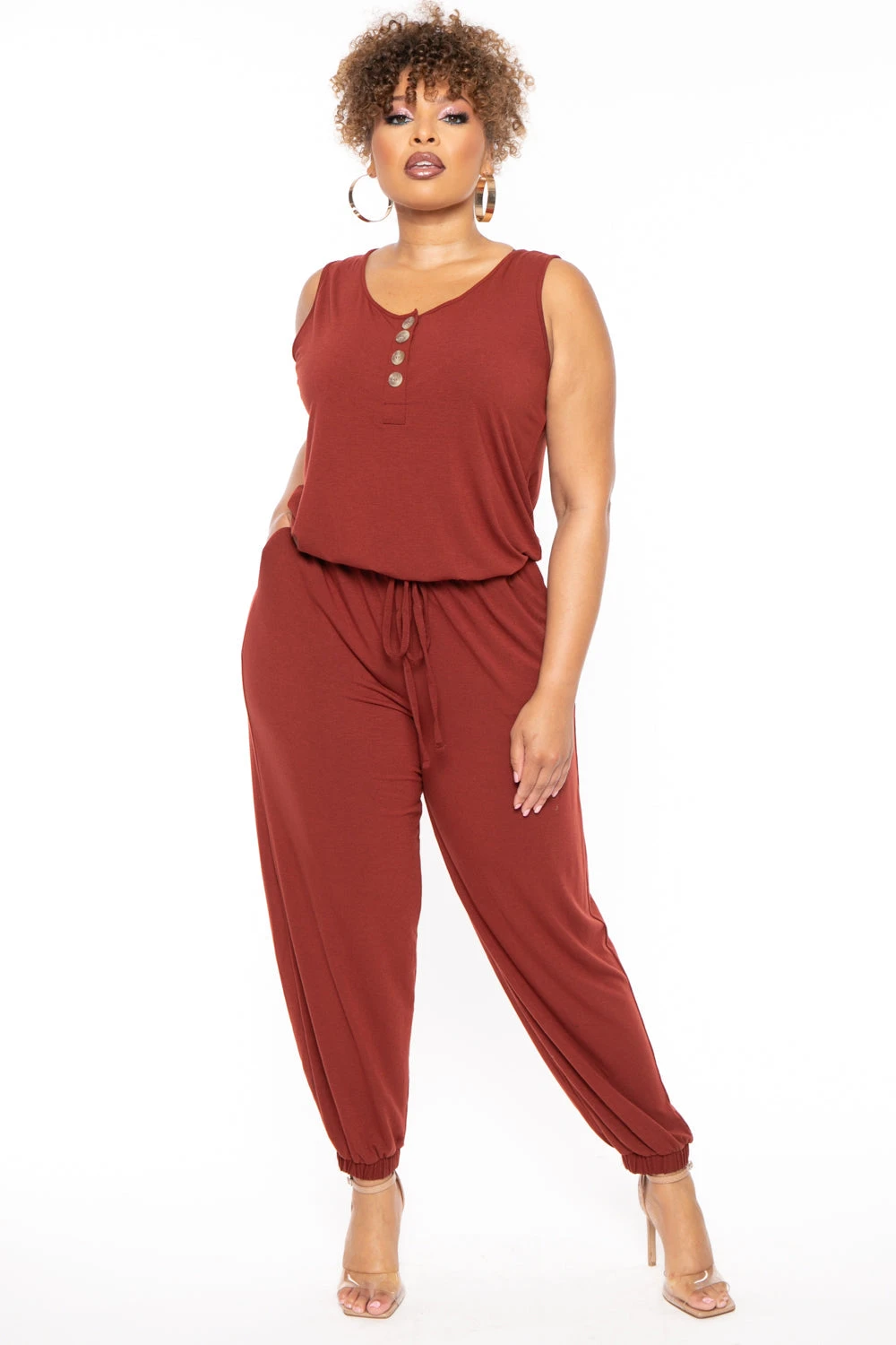 Plus Size Zelda Button Up Lounge Jumpsuit - Brick Plus Size Zelda Button Up Lounge Jumpsuit - Brick -Kitchensuppliesdeal curvy sense jumpsuits and rompers plus size zelda button up lounge jumpsuit brick 30489265012833