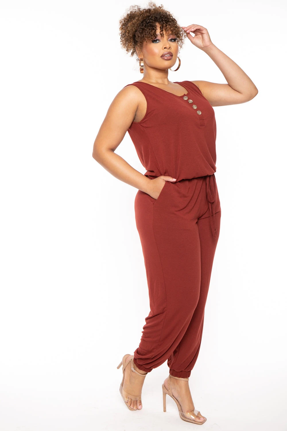 Plus Size Zelda Button Up Lounge Jumpsuit - Brick Plus Size Zelda Button Up Lounge Jumpsuit - Brick -Kitchensuppliesdeal curvy sense jumpsuits and rompers plus size zelda button up lounge jumpsuit brick 30489266159713