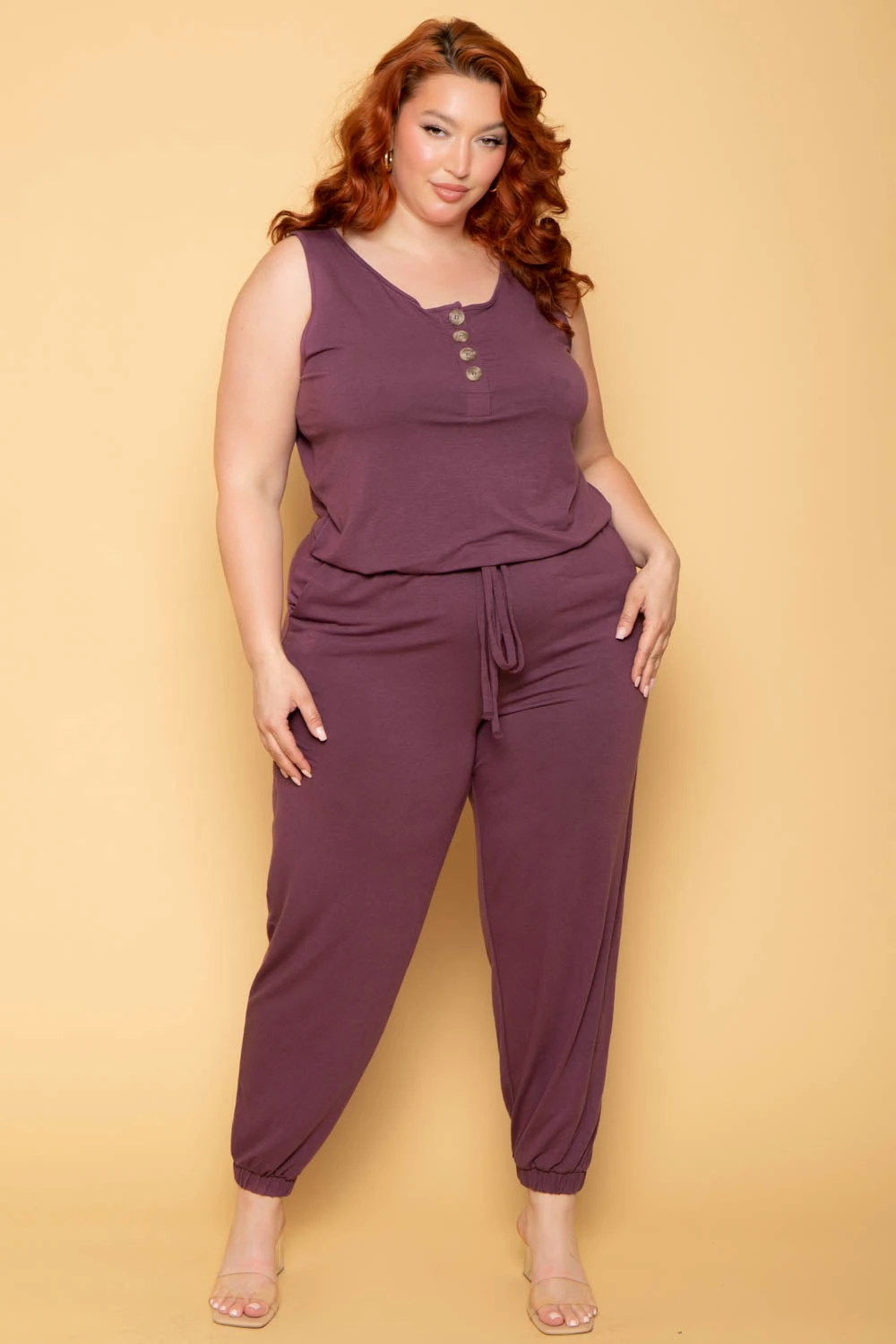 Plus Size Zelda Button Up Lounge Jumpsuit - Plum Plus Size Zelda Button Up Lounge Jumpsuit - Plum -Kitchensuppliesdeal curvy sense jumpsuits and rompers plus size zelda button up lounge jumpsuit plum 30021095719009