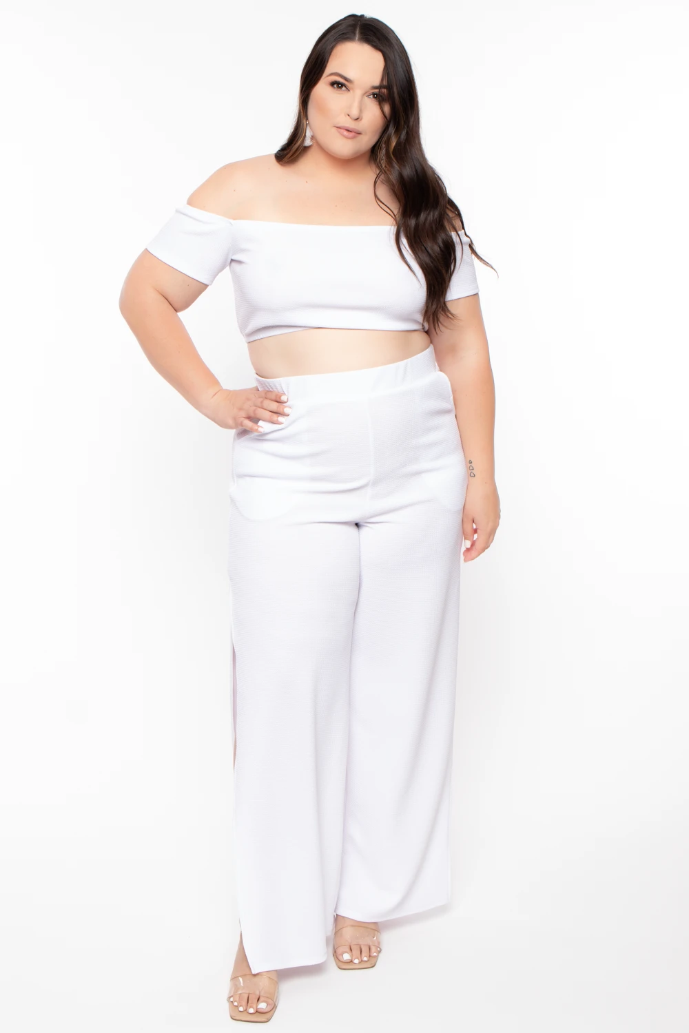 Plus Size Andrea Crop Top And Flare Pants Set - White Plus Size Andrea Crop Top And Flare Pants Set - White -Kitchensuppliesdeal curvy sense matching sets plus size andrea crop top and flare pants set white 30021754028129