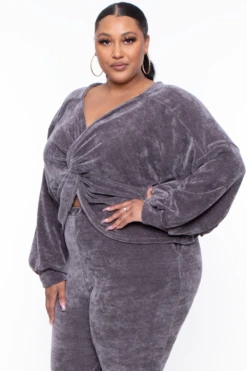 Plus Size Chenille Sweater And Jogger Set - Grey -Kitchensuppliesdeal curvy sense matching sets plus size chenille sweater and jogger set grey 29881704939617