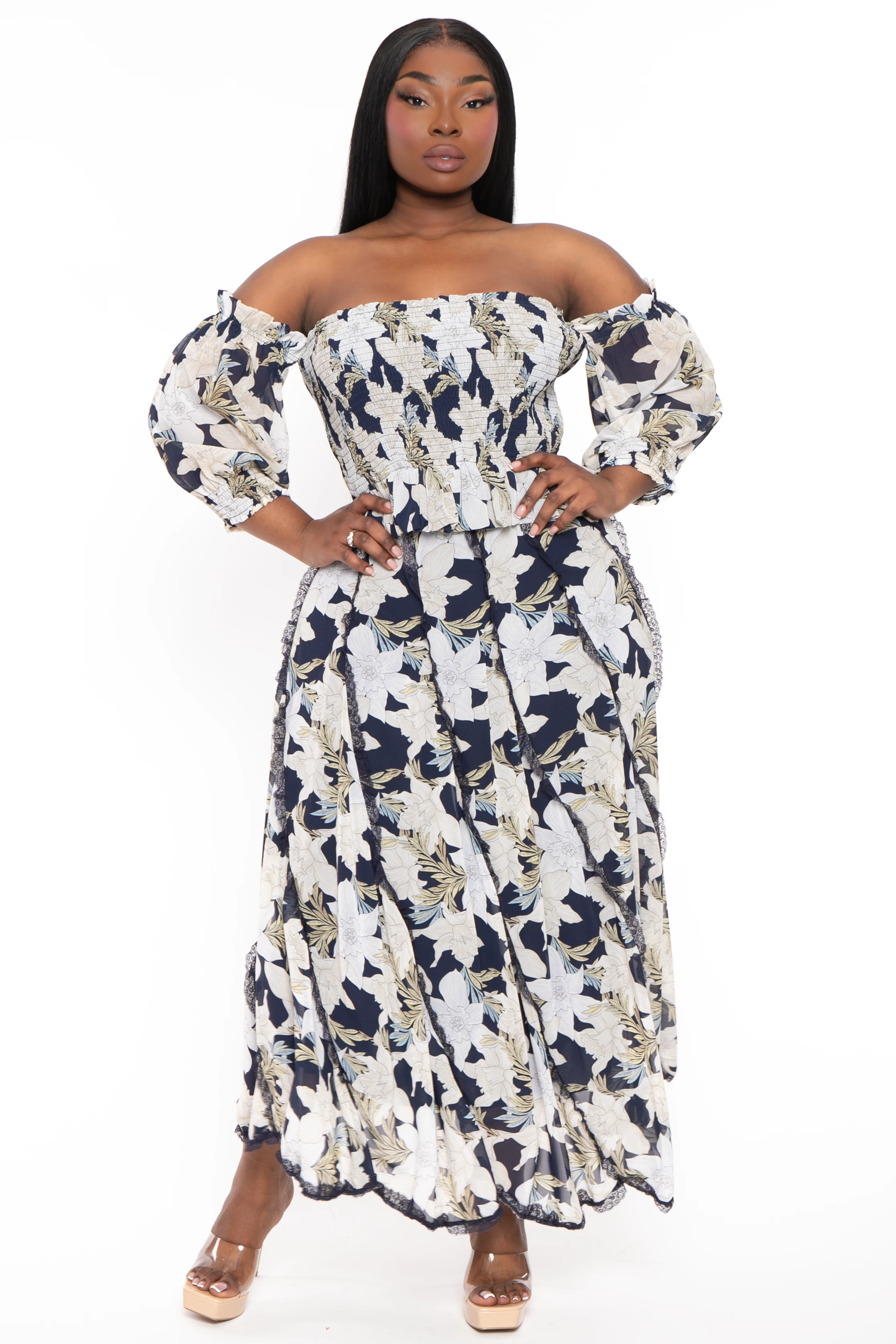 Plus Size De Luna Smocked Top & Skirt Set - Navy Plus Size De Luna Smocked Top & Skirt Set - Navy -Kitchensuppliesdeal curvy sense matching sets plus size de luna smocked top skirt set navy 32046504640609